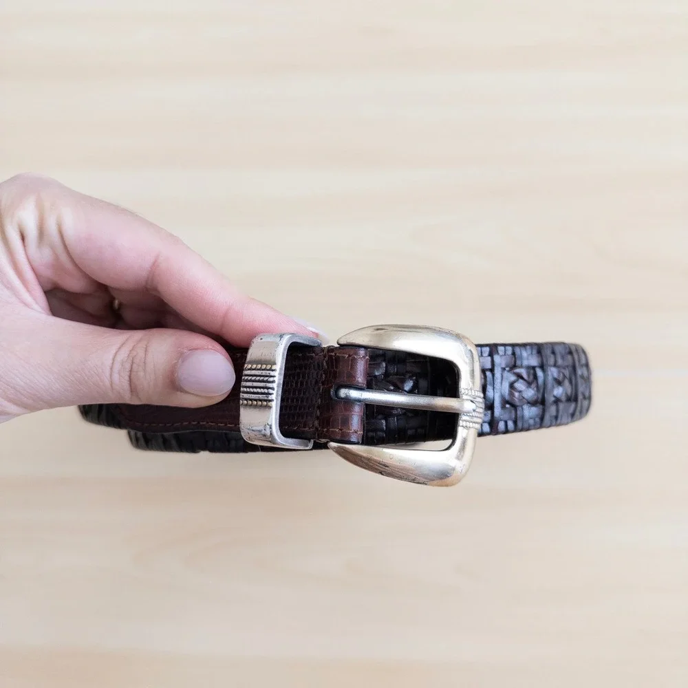 Mens Leather Belt Size 34 Brown Woven Western Lizard Embossed Buckle Cowboy